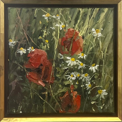 Meinel, Mathias, Mohn und Kamille III, 25x25cm, Öl auf Leinw., 2026