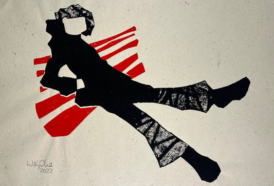Weiss, Karina, Mädchen auf roter Bank I, 77 x 53cm, Holzschnitt