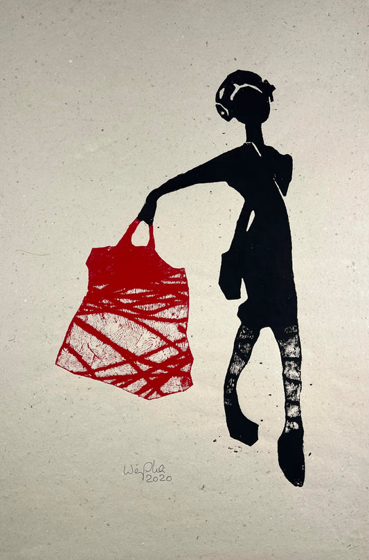 Weiss, Karina, Mädchen mit Einkaufstasche II, 83 x 55cm, Holzschnitt