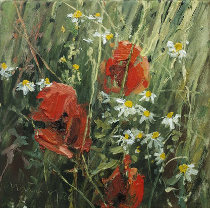 Meinel, Mathias, Mohn und Kamille III, 25x25cm, Öl auf Leinw., 2026