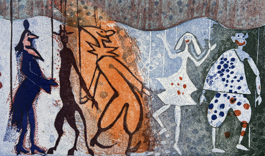 Mott-Dreizler, Gisela, Figurentheater, 17 x 29cm, 27/100, Linoldruck