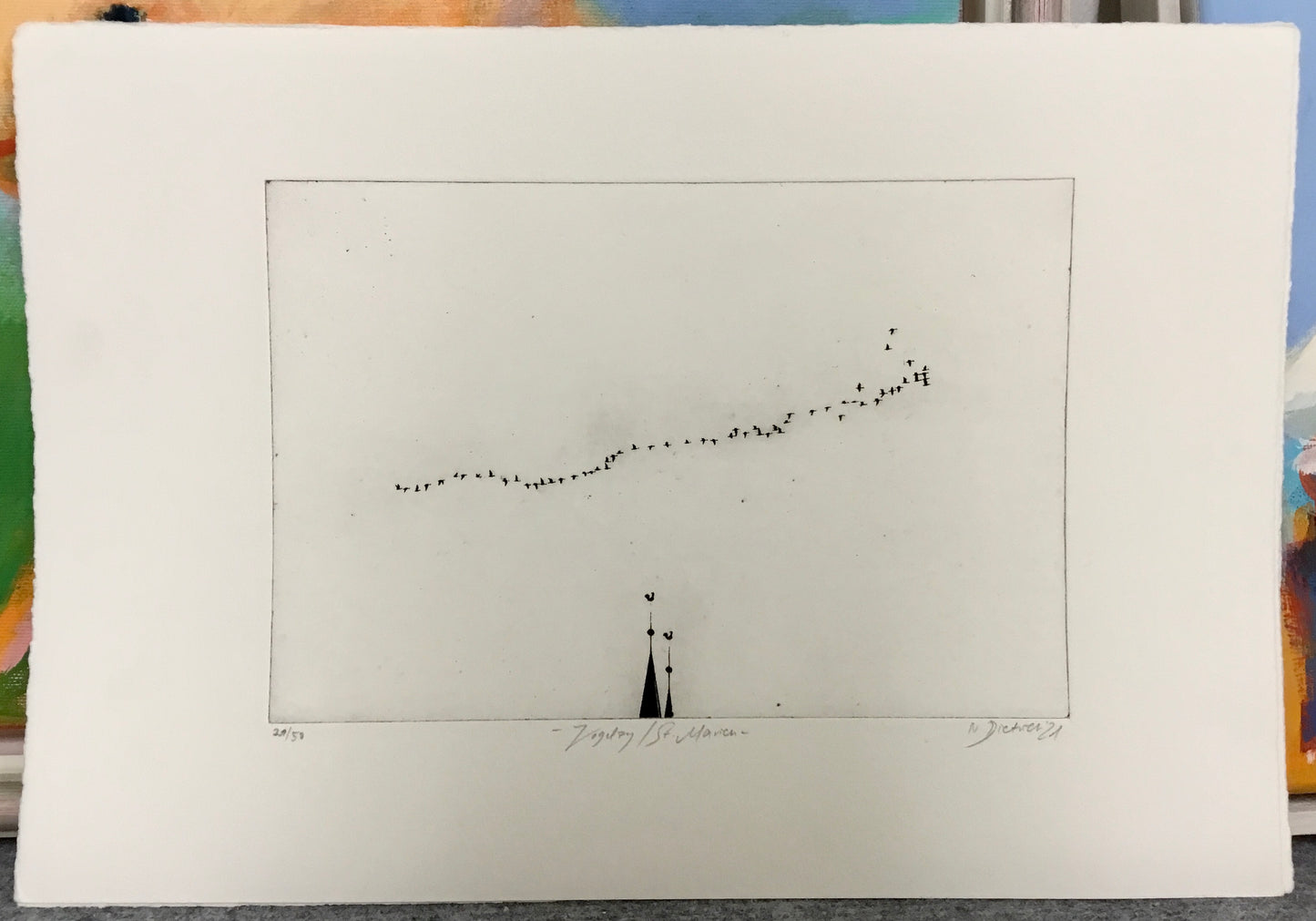 Dietrich, Nadine, Vogelzug St Marien, 17 x 25cm, 35/50, Photopolymer Etching
