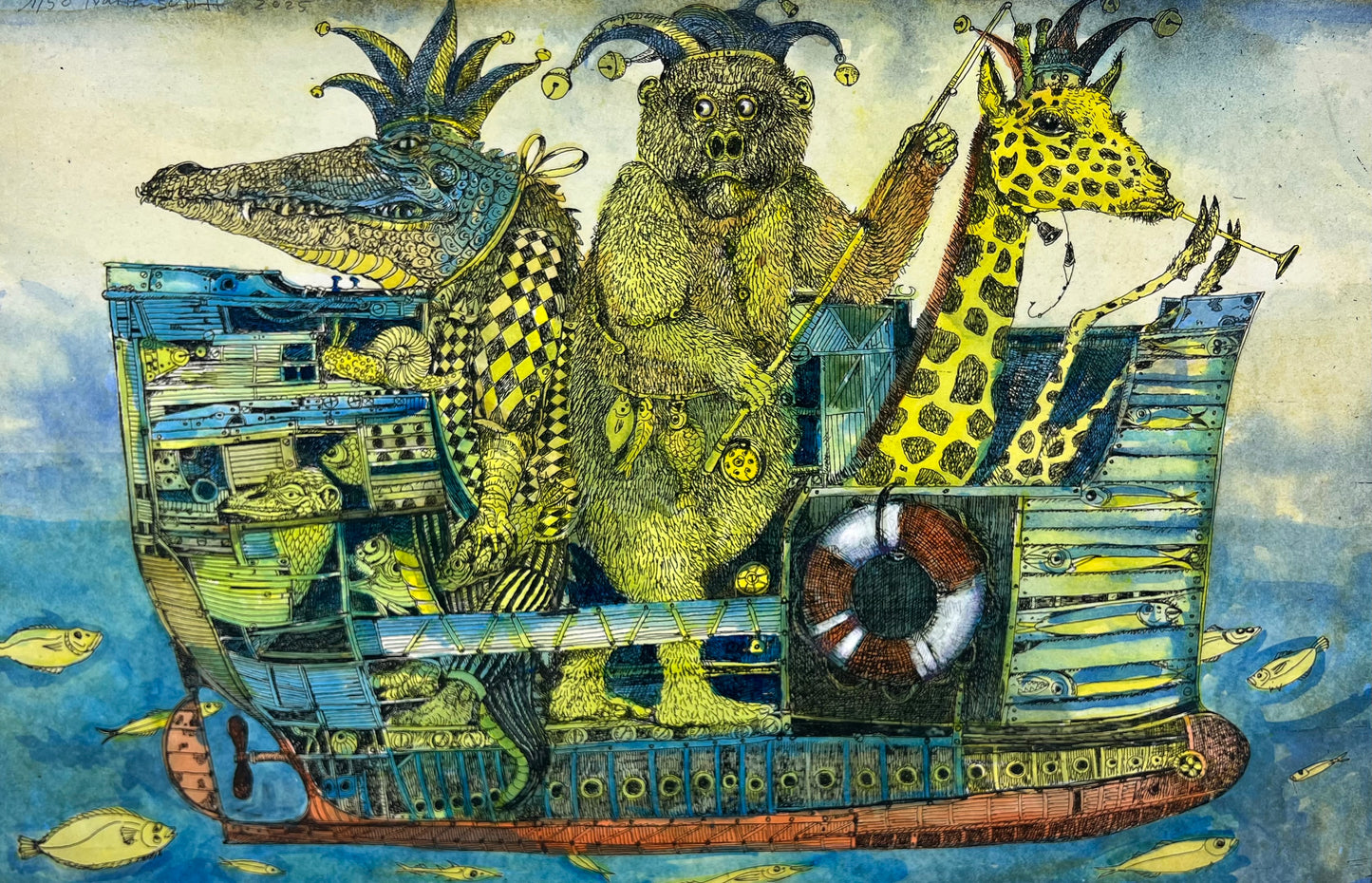 Leiß, Hans-Ruprecht, Narrenschiff, 32,2 x 49,5cm, 1/50, Farbstift, Gouache, Litho, 2025