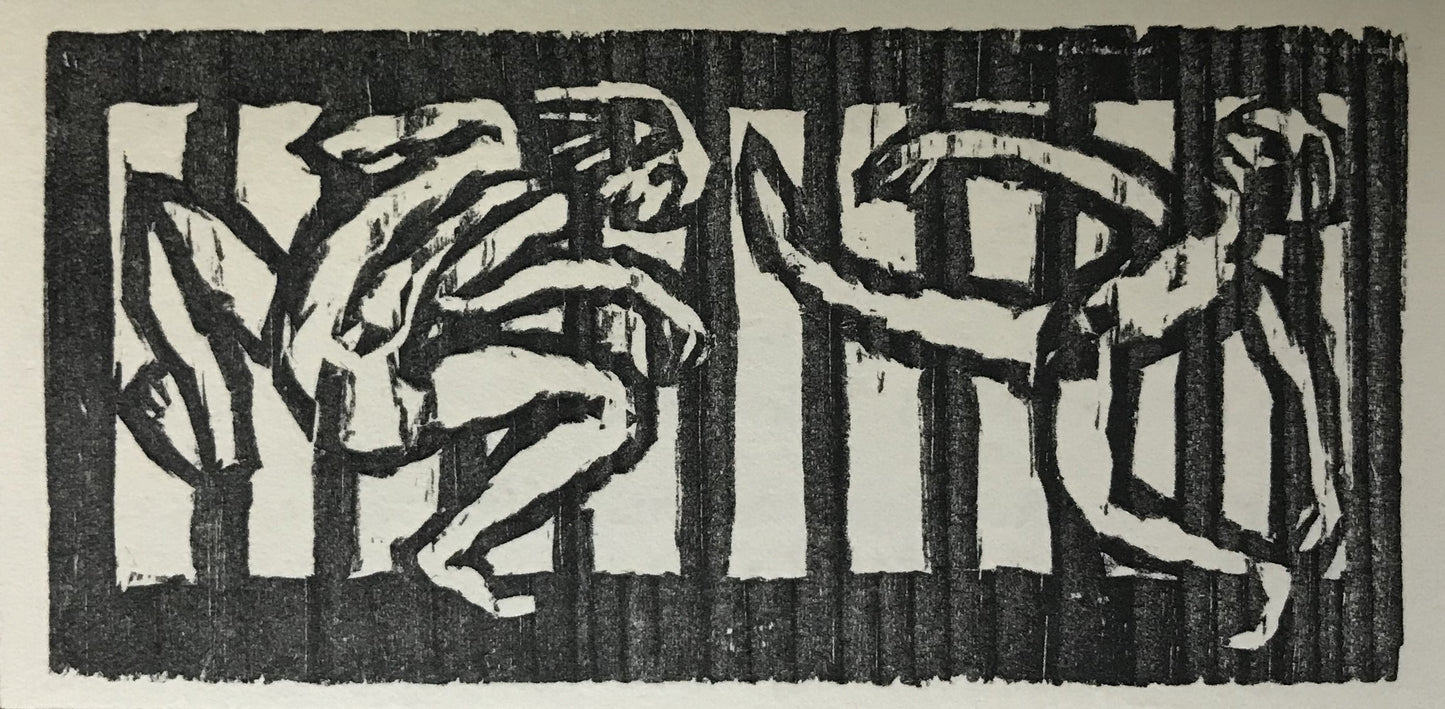Nolde, Emil, Zwei groteske Tänzer vor einem Gitter, 5 x 10,5cm, Holzschnitt