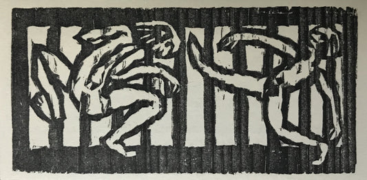 Nolde, Emil, Zwei groteske Tänzer vor einem Gitter, 5 x 10,5cm, Holzschnitt