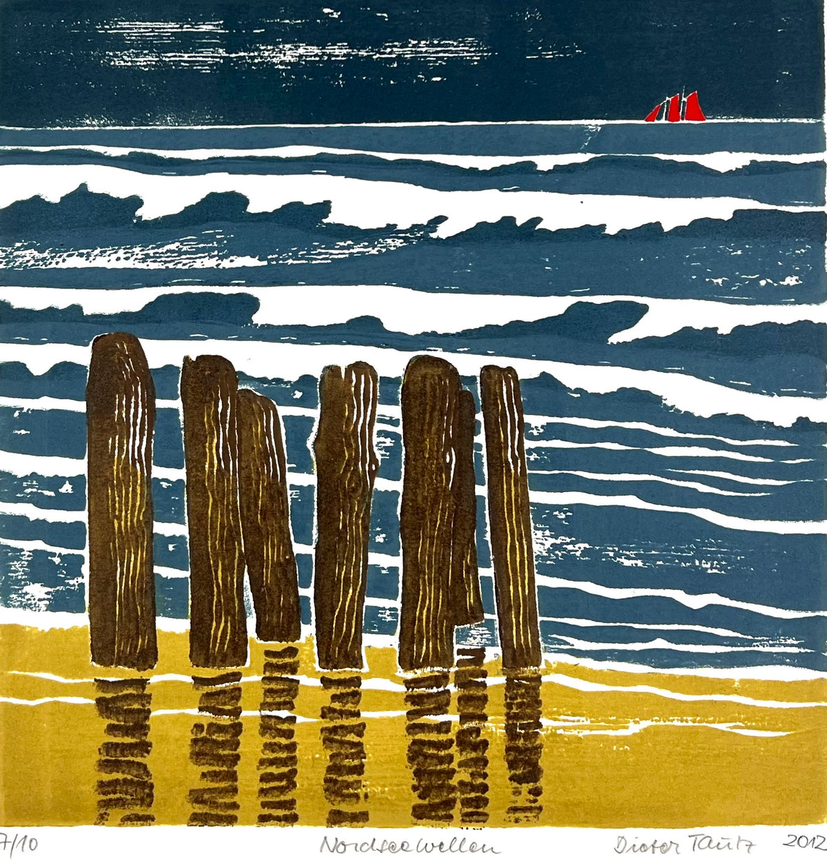 Tautz, Dieter, Nordseewellen, 30 x 30cm, 7/10, Farbholzschnitt, 2012