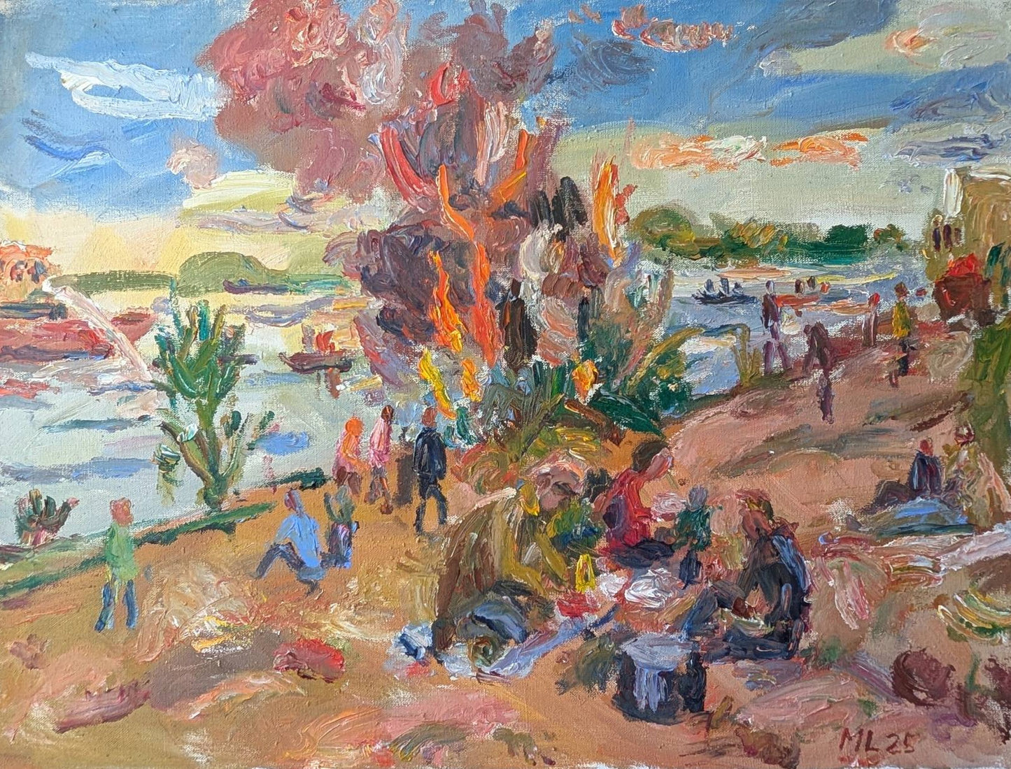 Lipp, Meike, Osterfeuer an der Elbe, 60 x 80cm, Ölgemälde, 2025