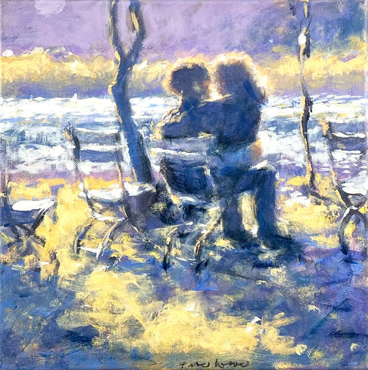 Wever, Peter, Paar auf Gartenstuhl, 30 x 30cm, Acryl auf Leinwand