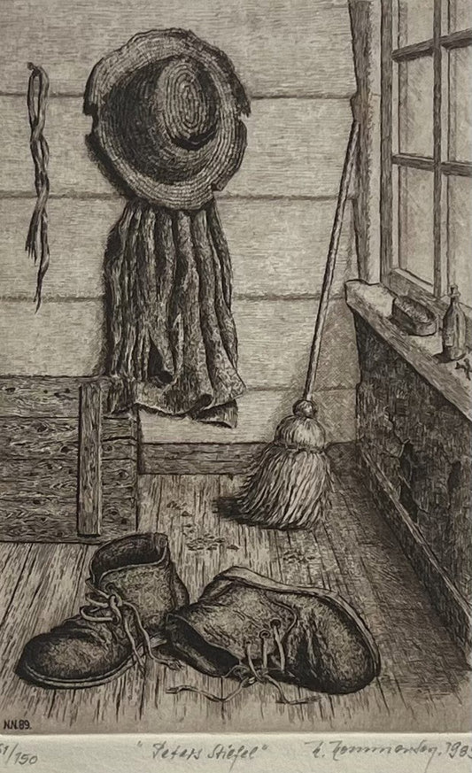 Nommensen, Niko, Peters Stiefel, 16 x 22,5cm, 61/150, Radierung, 1989