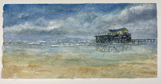 Radeloff, Jens, Pfahlbau am Strand, 29,5 x 60,5cm, Aquarell auf Japanpapier