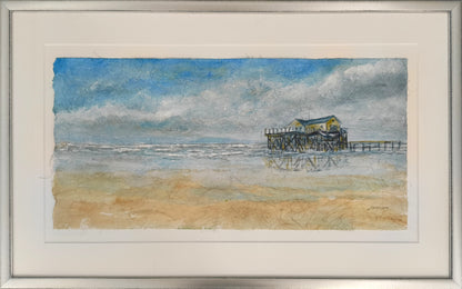 Radeloff, Jens, Pfahlbau am Strand, 29,5 x 60,5cm, Aquarell auf Japanpapier