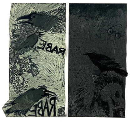 Mott-Dreizler, Gisela, Rabe I +ll, 2 Druckplatten, 30,5 x 28cm, Linolschnitt