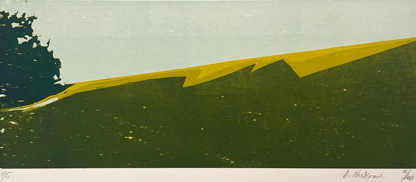 Nesterova, Anastasiya, Schattenwurf am Deich, 27 x 63cm, 1/5, Holzschnitt, 2019