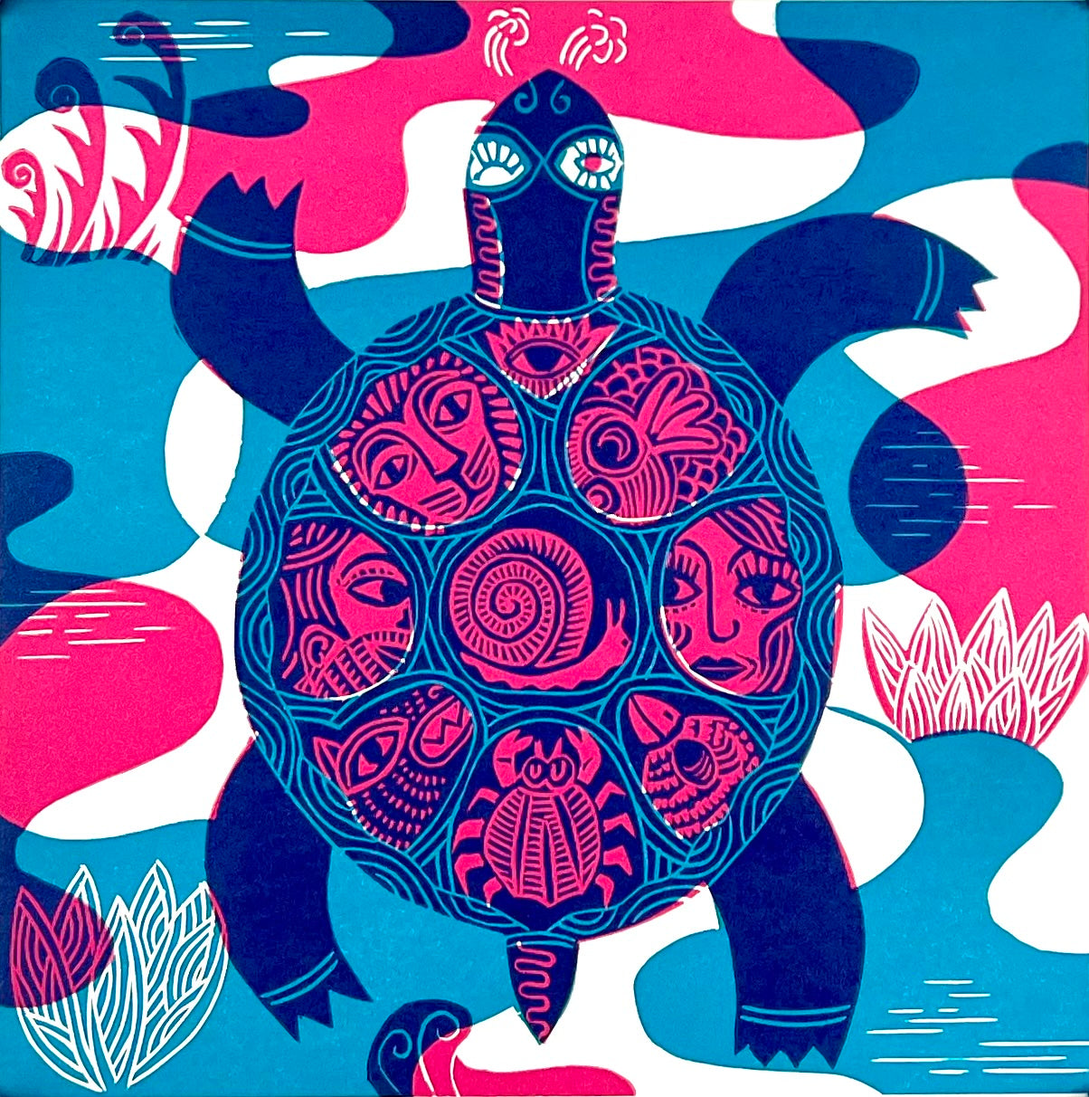 Zwirnmann, Katja, Schildkröte 21 x 21cm, Linolschnitt, dreifarbig