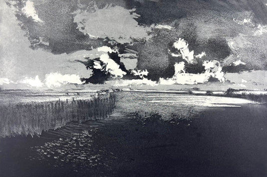 Werkmeister, Wolfgang, Schweres Wetter über der Arlau III, 38,5 x 57,5cm, 6/85, Westküstenzyklus I, Radierung, 1998