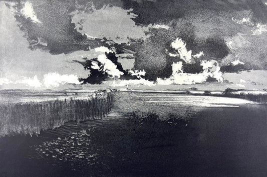 Werkmeister, Wolfgang, Schweres Wetter über der Arlau II, 38,5 x 57,5cm, 2/85, Westküstenzyklus I, Radierung, 1999