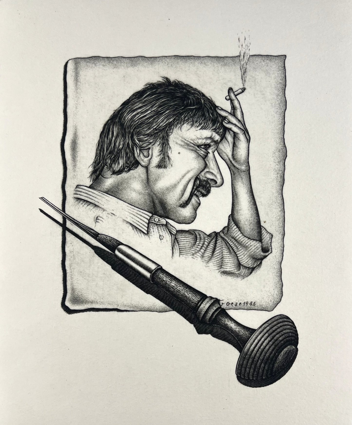 Froese, Peter, Selbst mit Stichel, 17,6 x 14,8cm, Kupferstich, 1986