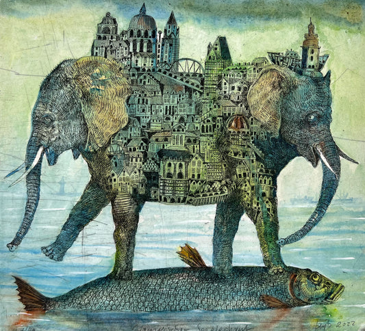 Leiß, Hans-Ruprecht, Siamesischer Seeelelefant, 28,5 x 31,3cm, 7/60, Farbstift, Gouache, Litho, 2022