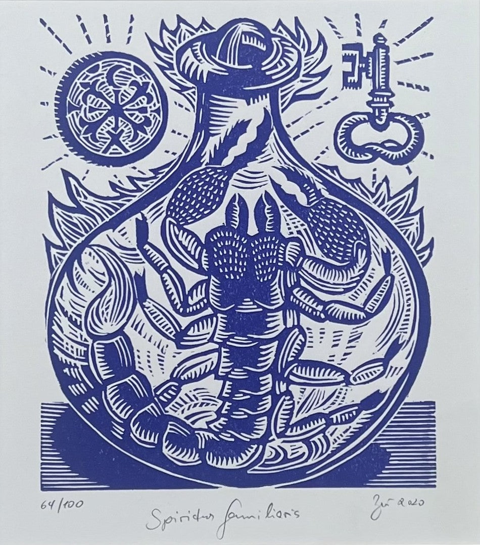 Zwirnmann, Katja, Spiritus familiaris//Kleines Pandämonium, 22,5 x 16,5cm, 64/100, Linolschnitt, 2020