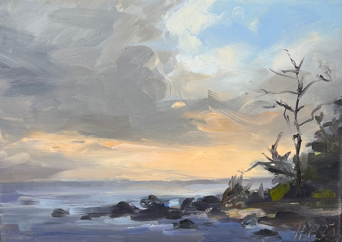 Petermann, Hanna, Steine im Wasser - Abend, 13 x 18cm, Öl auf Leinwand, 2025