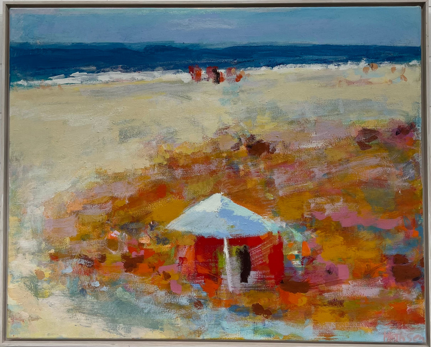 Hansen, Ulrike, Strand mit Schirm, 80 x 100cm, Eitempera auf Leinwand, 2026