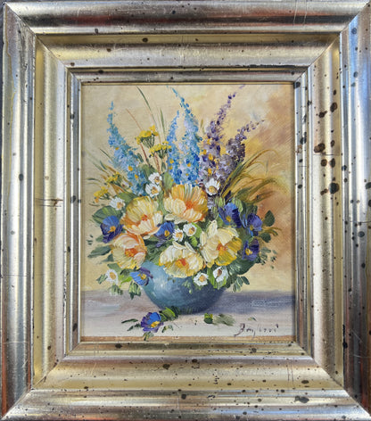 Bagher, Strauß in blauer Kugelvase, 12 x 10cm, Öl auf Holz