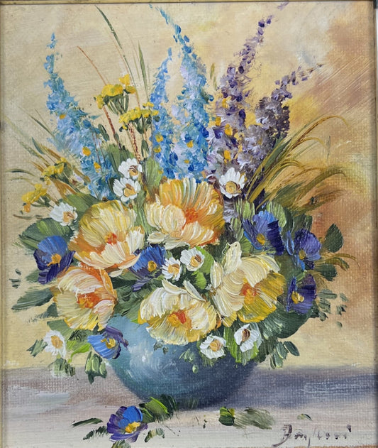 Bagher, Strauß in blauer Kugelvase, 12 x 10cm, Öl auf Holz