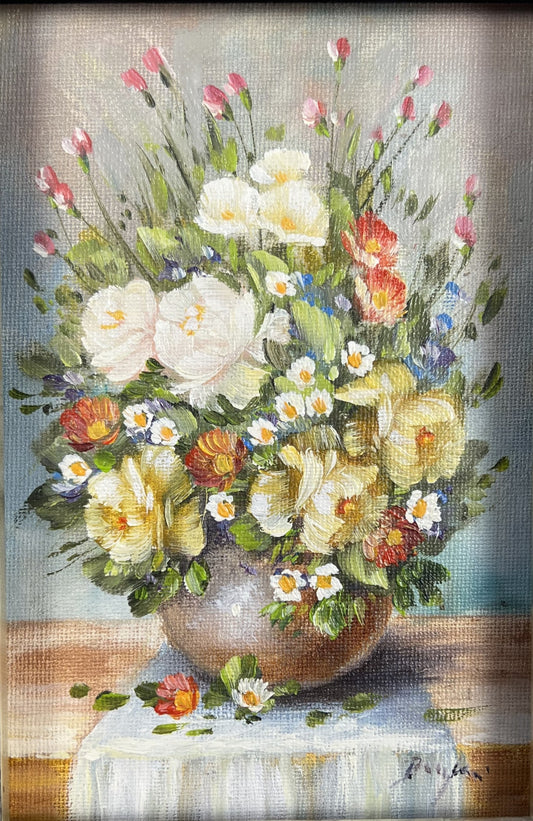 Bagher, Strauß in brauner Kugelvase, 15 x 10cm, Öl auf Holz