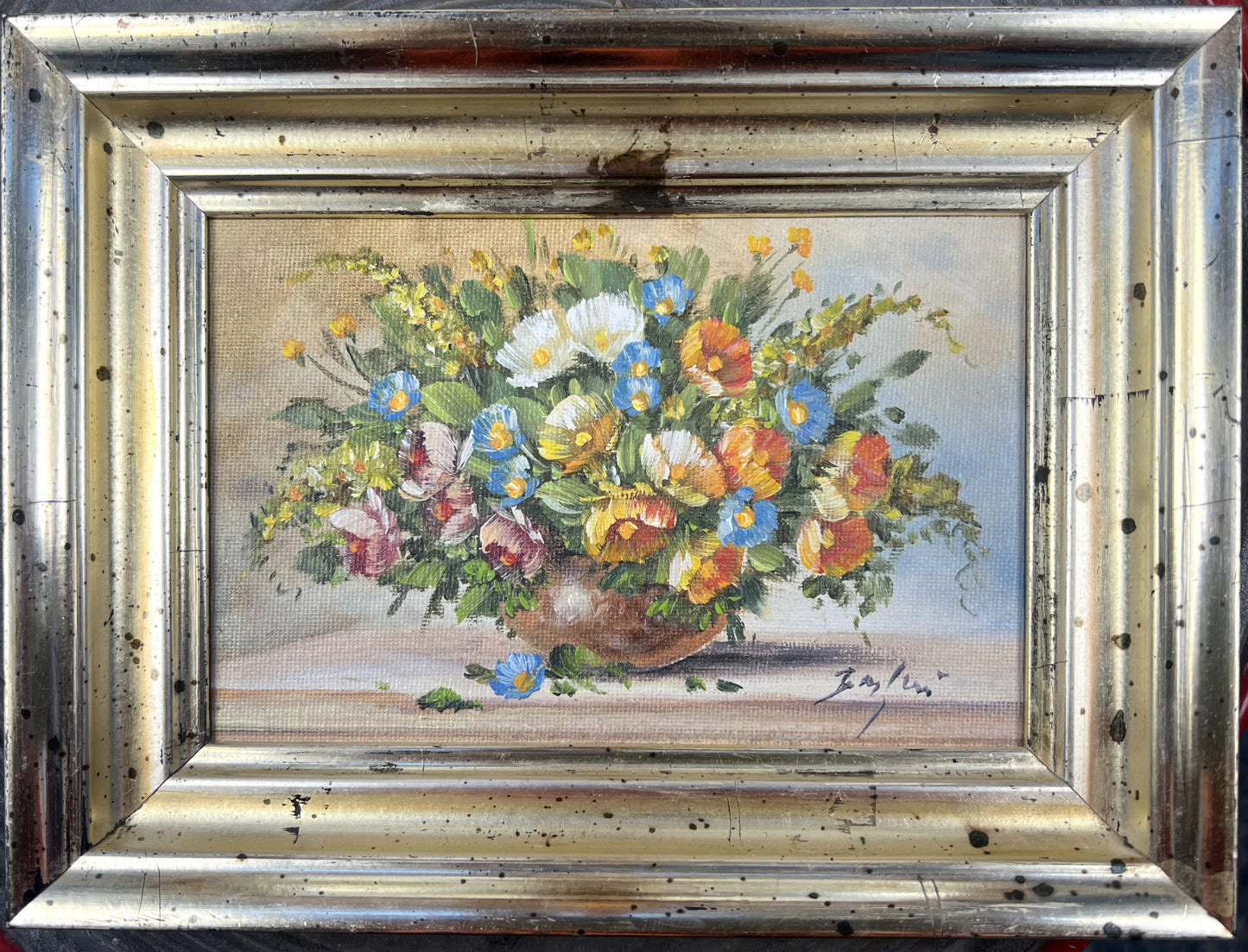 Bagher, Strauß mit Kornlumen in Kugelvase, 10 x 15cm, Öl auf Holz