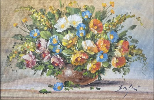 Bagher, Strauß mit Kornlumen in Kugelvase, 10 x 15cm, Öl auf Holz