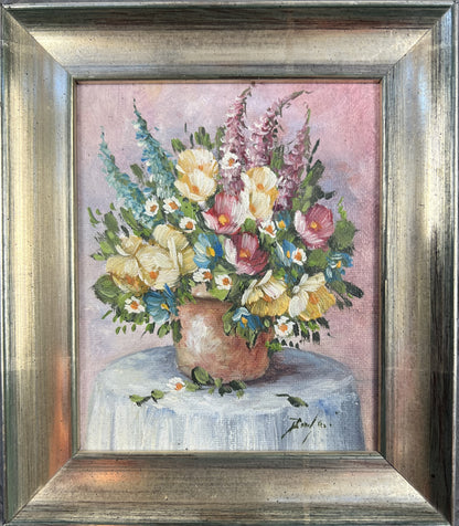 Bagher, Strauß mit Rittersporn und Digitalis, 12 x 10cm, Öl auf Holz