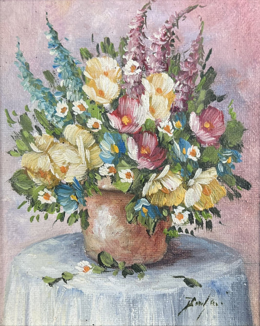 Bagher, Strauß mit Rittersporn und Digitalis, 12 x 10cm, Öl auf Holz