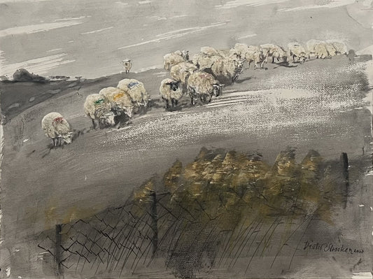 Staacken, Dieter, An de Summerdiek, Schafe, 45 x 60cm, Mischtechnik