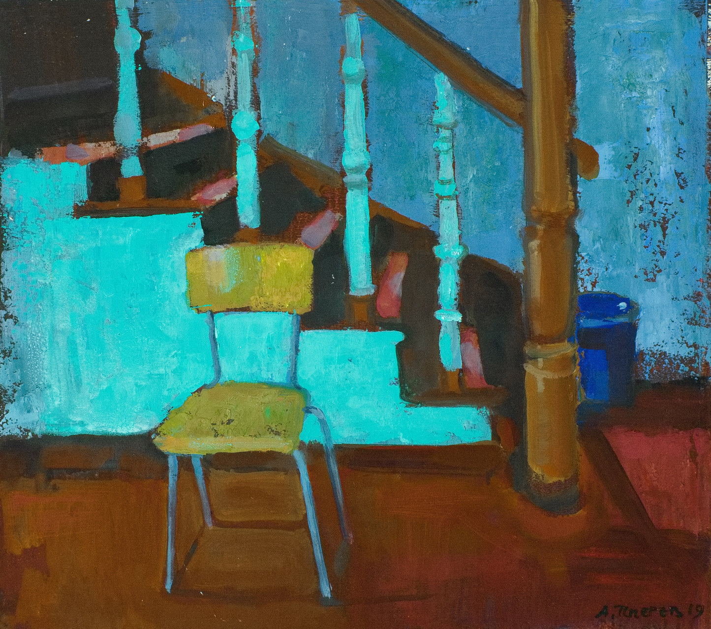 Tchepets, Anja, Stuhl im Flur, 46 x 52cm, Öl auf Leinwand