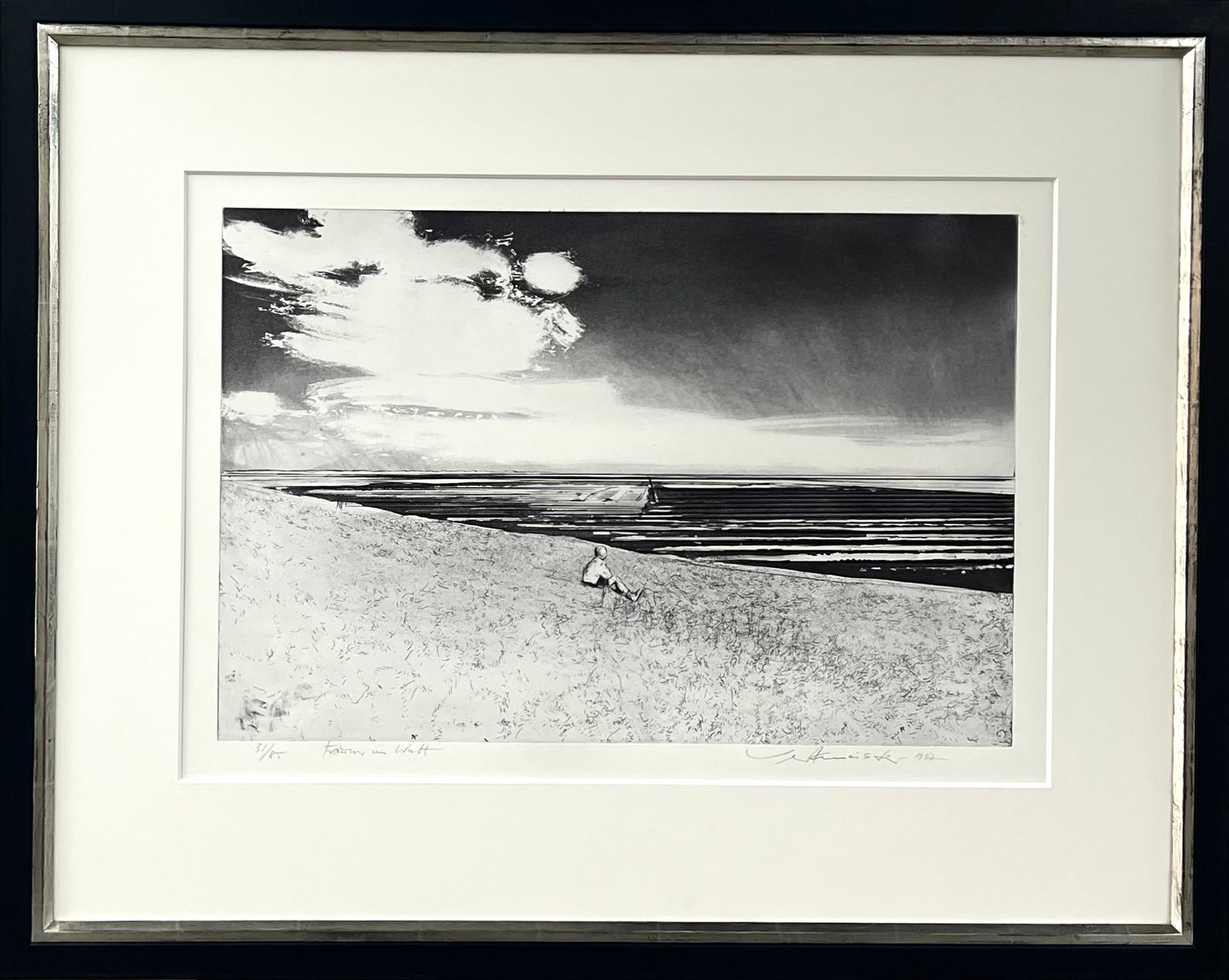 Werkmeister, Wolfgang, Träumer im Watt, 38,5 x 57,5cm, 31/85, Westküstenzyklus I, Radierung, 1997