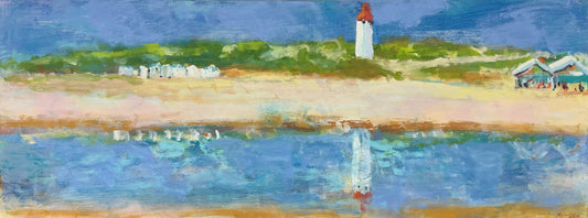 Hansen, Ulrike, Leuchtturm Egmond,  2024, 60x160cm, Eitempera auf Leinwand