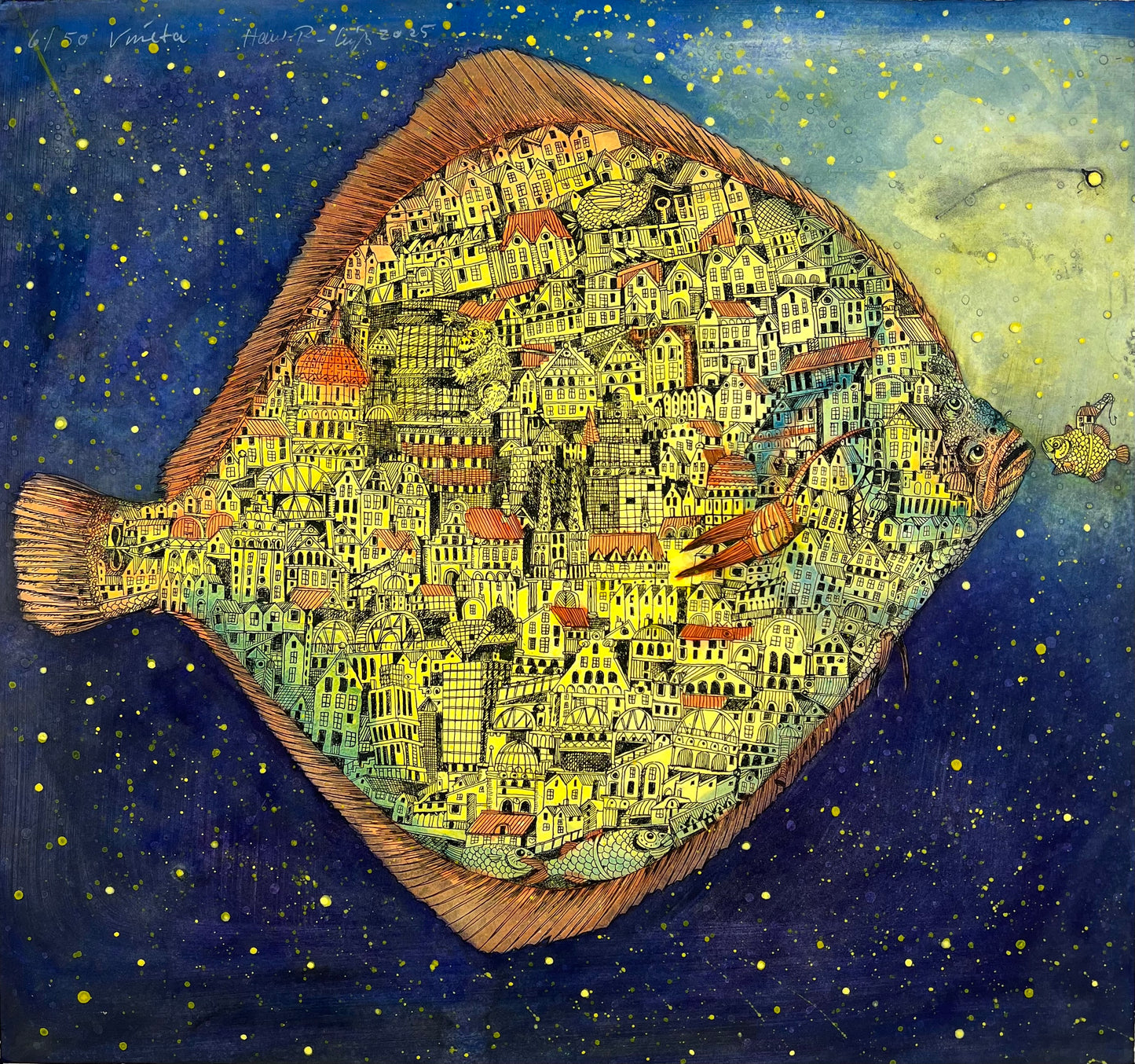 Leiß, Hans-Ruprecht, Vineta, 38,8 x 41,7cm, 6/50, Farbstift, Gouache, Litho, 2025