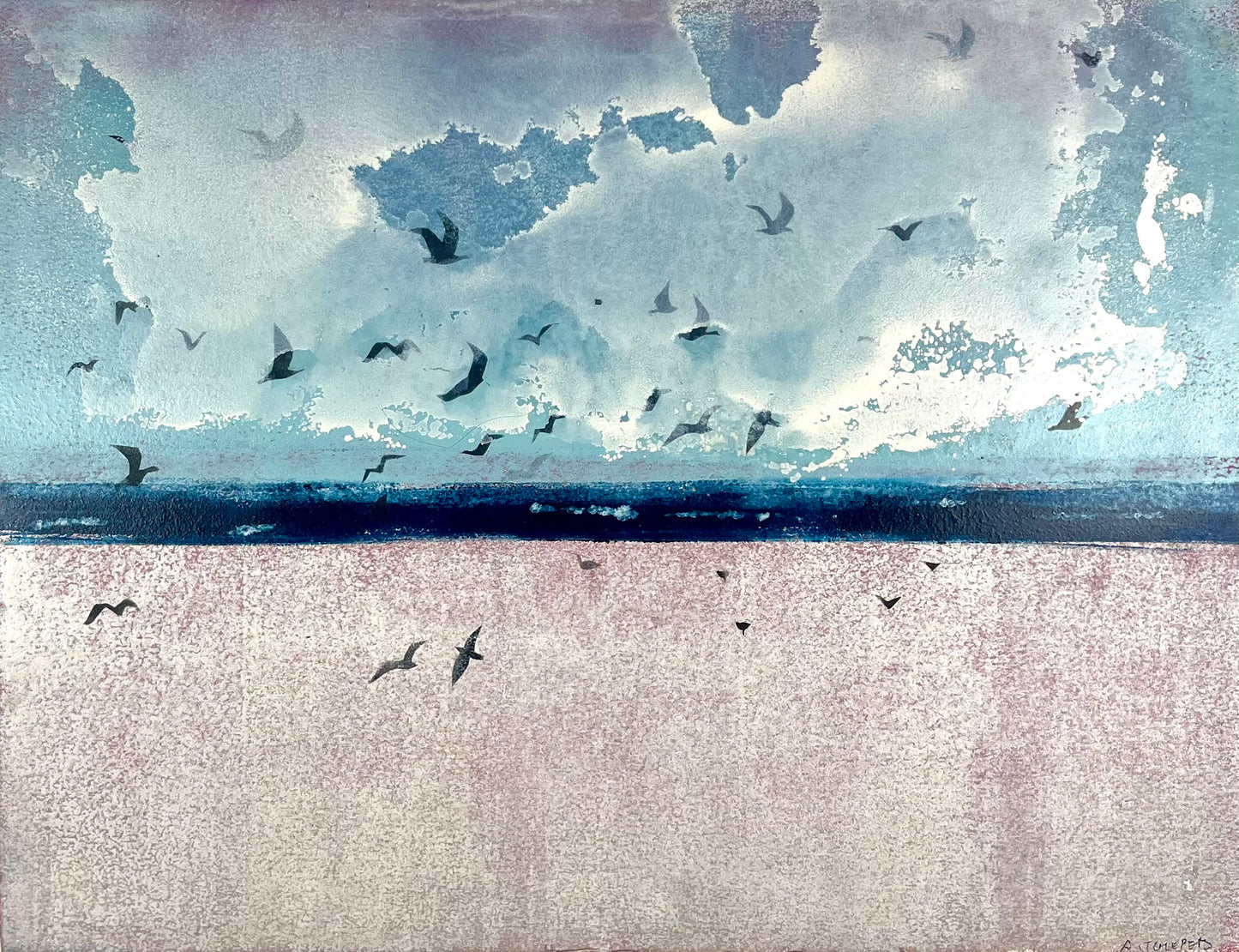 Nesterova & Tchepets, Vogelgewimmel am Strand I, 38 x 50cm, Mischtechnik