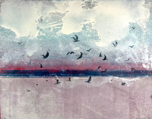 Nesterova & Tchepets, Vogelgewimmel am Strand II, 37 x 47cm, Mischtechnik