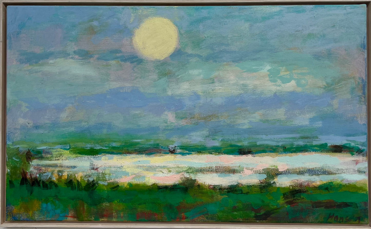 Hansen, Ulrike, Vollmond über dem Bodden, 60 x 100cm, Eitempera auf Leinwand, 2022