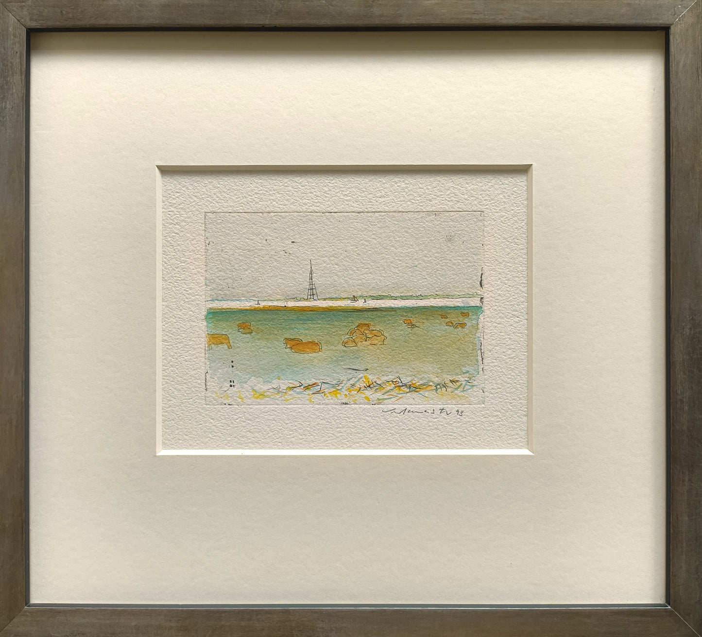 Werkmeister, Wolfgang, Weide mit Mast, 9 x 13cm, aquarellierte Radierung