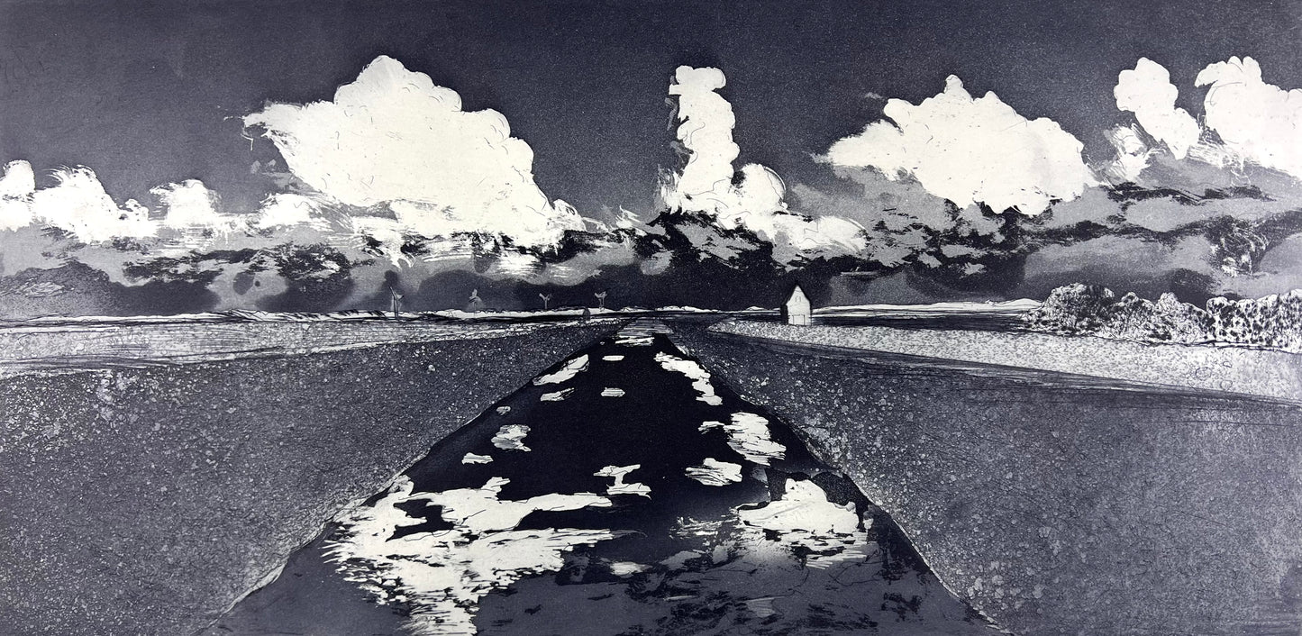 Werkmeister, Wolfgang, Abendwolken über der Arlau (Probe 2), 29,5 x 59,5cm, Westküstenzyklus II, Radierung, 2001