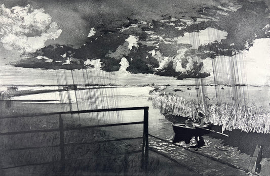 Werkmeister, Wolfgang, Anglerwette, Westküstenzyklus I, 38,5 x 57,5cm, 1/85, Radierung, 1999