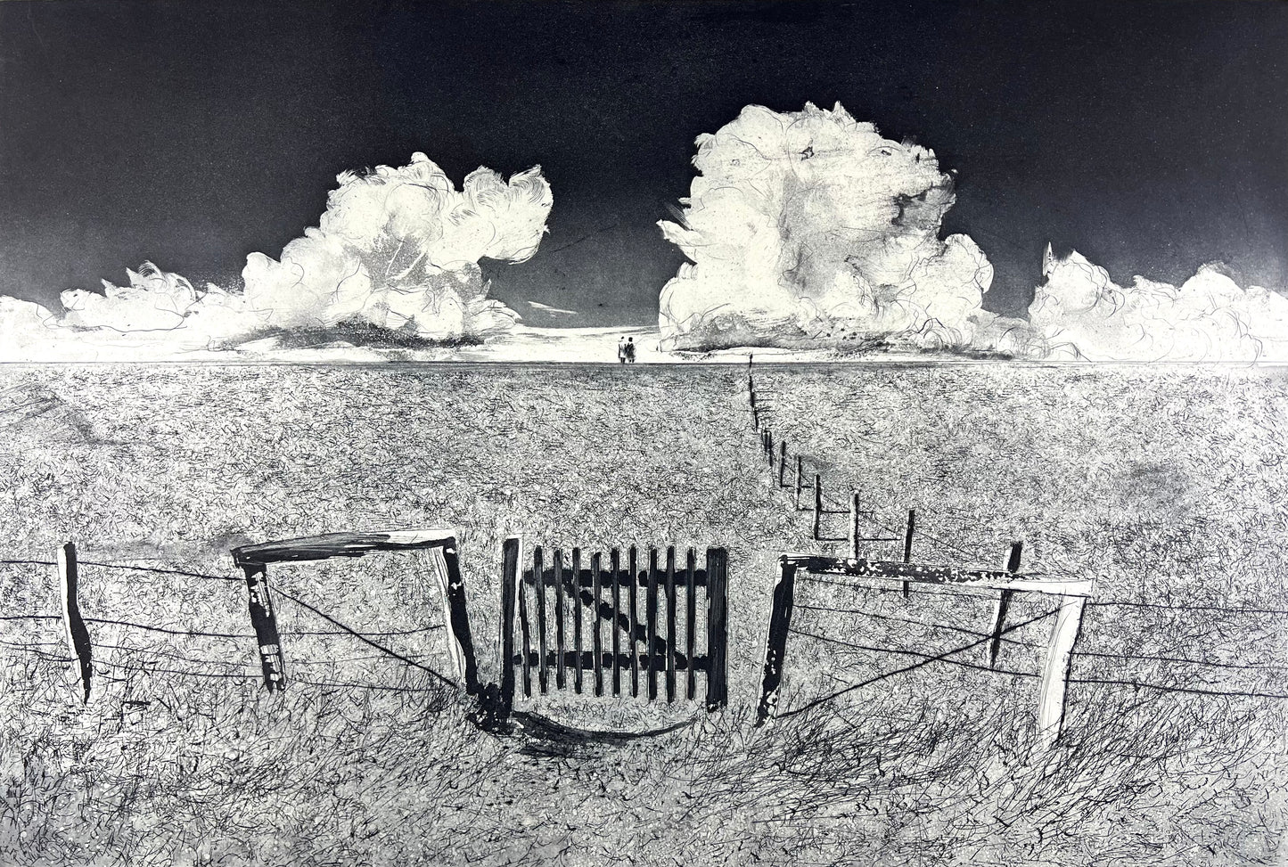 Werkmeister, Wolfgang, Deichwanderung IV, 38,7 x 57,5cm, 75/85, Westküstenzyklus I, Radierung, 1997