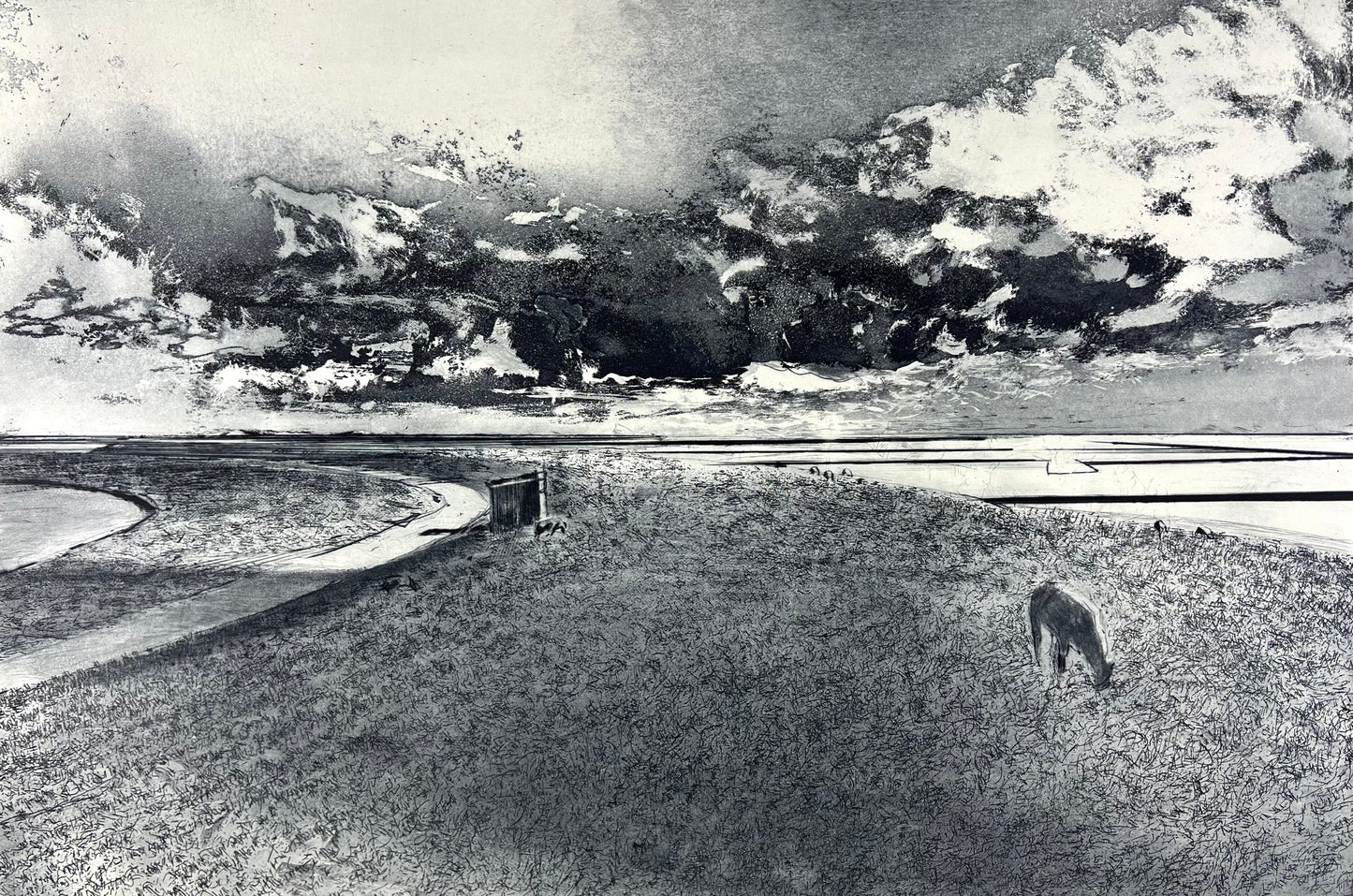 Werkmeister, Wolfgang, Wolkenschatten überm Deich, 38,5 x 57,5cm, 1/85, Westküstenzyklus I, Radierung