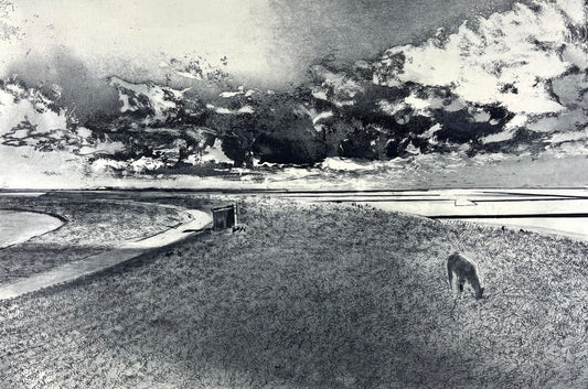 Werkmeister, Wolfgang, Wolkenschatten überm Deich, 38,7 x 57,7cm, 1/85, Westküstenzyklus I, Radierung
