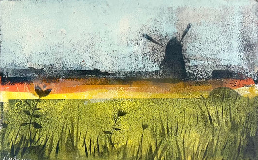 Nesterova & Tchepets, Windmühle am Feldrand, 18 x 29cm, Mischtechnik