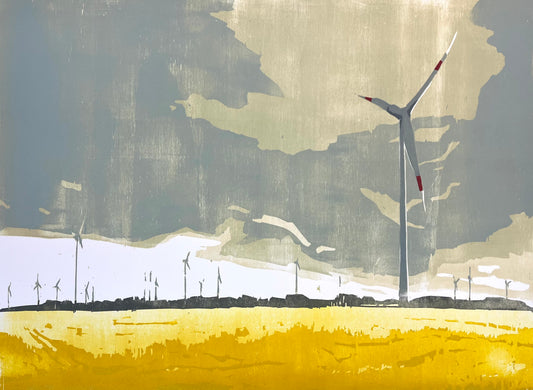 Nesterova, Anastasiya, Windrad am Rapsfeld, 67 x 87cm, 3/5, Farbholzschnitt, 2016