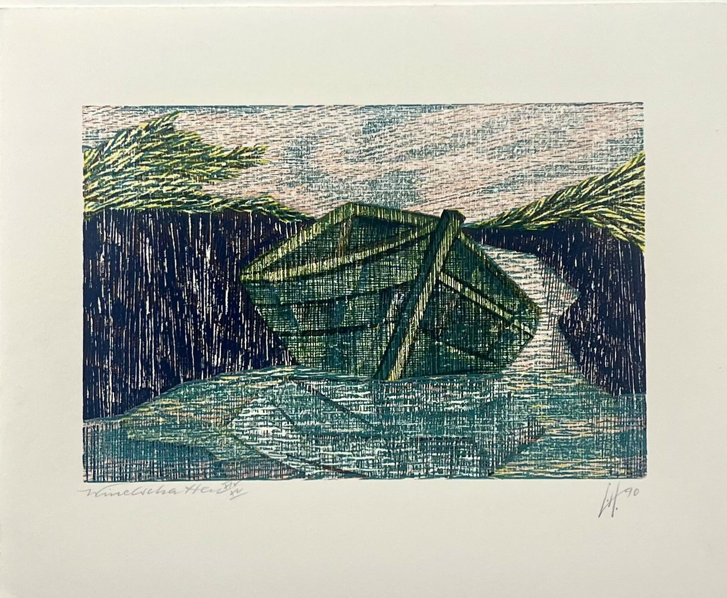 Hermanns, Gerhard, Windschatten, 16,3 x 23,5cm, XIV/XV, Holzschnitt, 1990