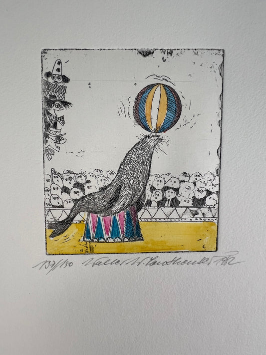 Leutheuser,  Walter W., Zirkus Seelöwe, 10 x 8cm, 137/150, Radierung, 1982